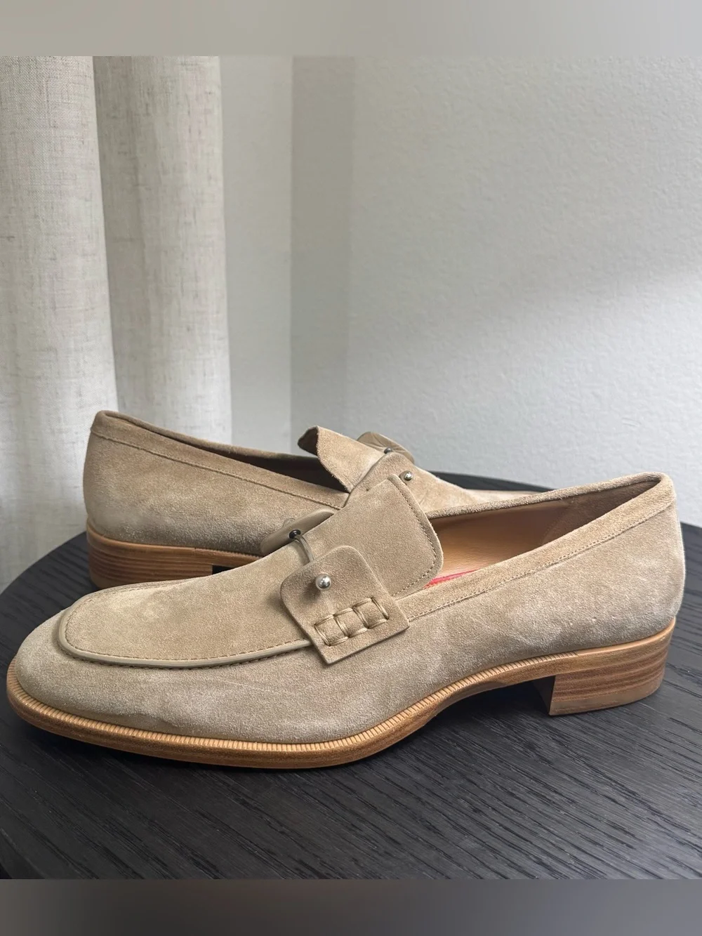 Christian Louboutin Chambelimoc Suede Loafers Dress Shoes Tan 46